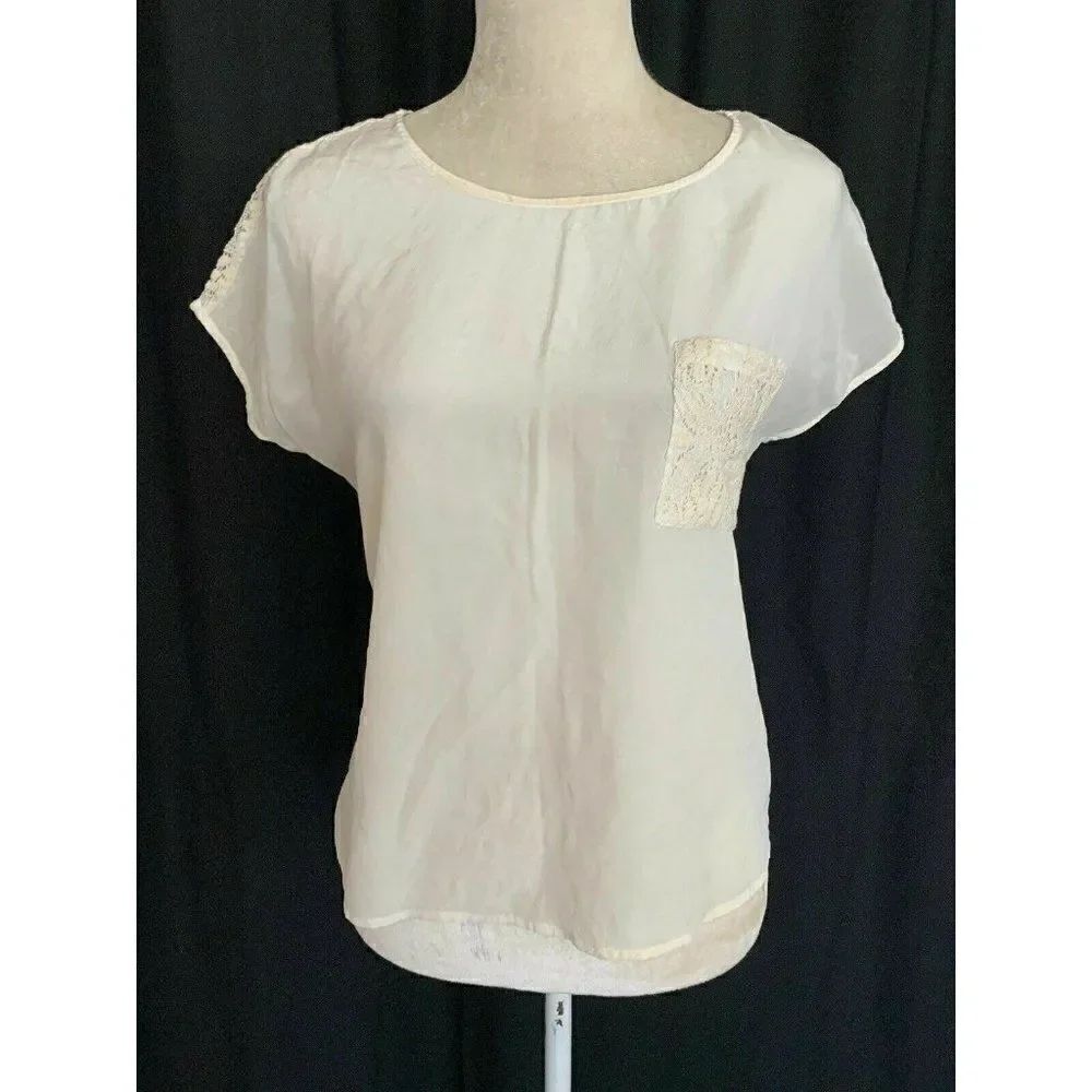 Zara Womens White Ivory Lace Sheer Short Sleeve Top Blouse Small